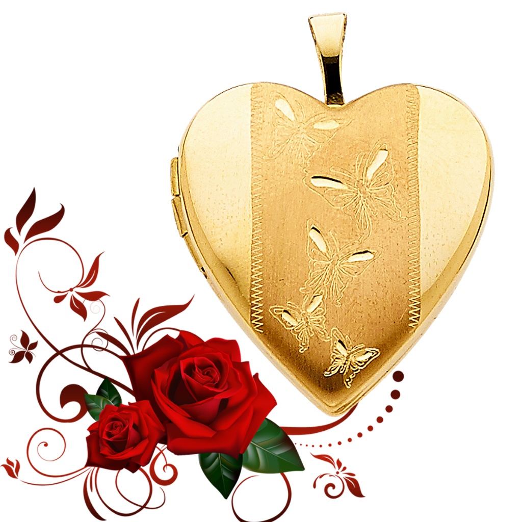 14k Yellow Butterfly Engraved Heart Locket Pendant 790$